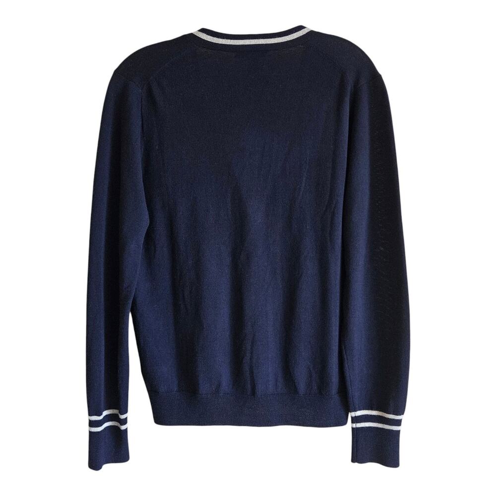 J. CREW Women M Cardigan Sweater 100% Merino Wool Navy Buttons Beaded Brooch 36" - Picture 7 of 8